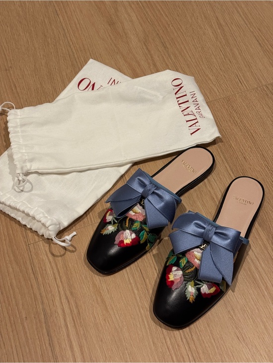 Valentino Garavani Shoes - Valentino Garavani Black Leather Mules with Blue Bow (Brand New)